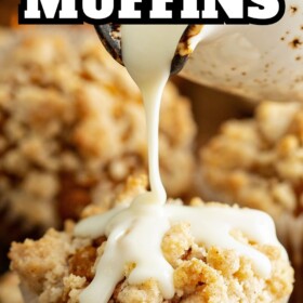 Cream cheese icing being drizzled over a pumpkin muffin.