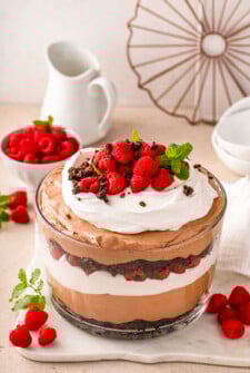 Brownie trifle with pudding, Cool Whip, and raspberries.