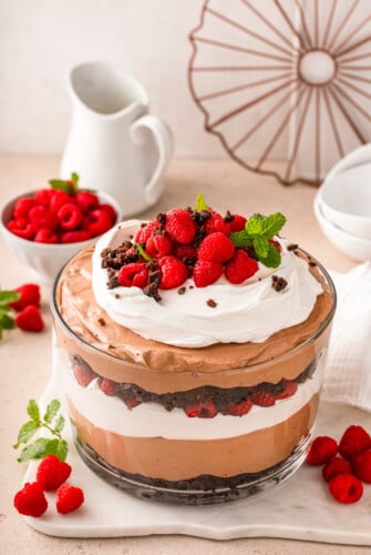 Brownie trifle with pudding, Cool Whip, and raspberries.