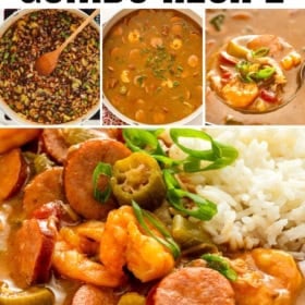 Cajun gumbo made in a large pot and served with fluffy white rice in a bowl.