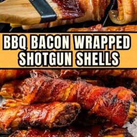 Close-up of BBQ Bacon Wrapped Shotgun Shells being brushed with BBQ sauce. The lower part shows a stack of the finished, glazed snacks on a tray.
