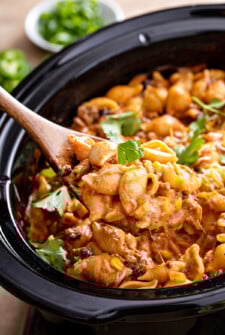 Cheesy taco pasta in the slow cooker.