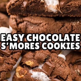 A close-up of gooey chocolate s’mores cookies with melted chocolate, marshmallows, and graham cracker pieces.