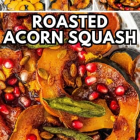 A collage shows sliced acorn squash being roasted, topped with pomegranate seeds and sage. The finished dish is golden, garnished, and vibrant.