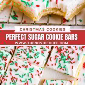 Up close image of a sugar cookie bar with white icing and a bite taken out of it on a cookie cooling rack and an overhead image of sugar cookie bars for Christmas with red and green sprinkles.