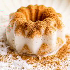 Tembleque on a plate with ground cinnamon sprinkled on top.