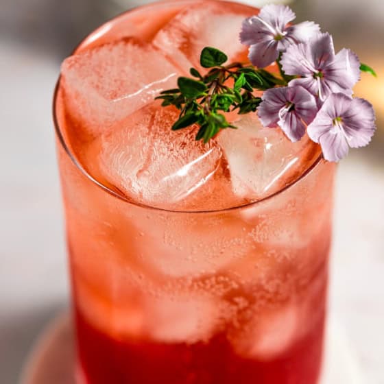 A vibrant red iced transfusion drink in a glass, garnished with small purple flowers and a sprig of greenery, sits on a light surface. Large ice cubes fill the glass, and the background is softly blurred.
