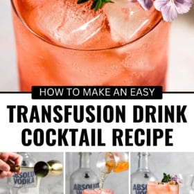 A bright pink cocktail garnished with small purple flowers and herbs, shown in a close-up and in three preparation steps with vodka being poured into a glass.