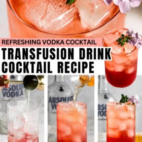 A collage shows a pink iced cocktail garnished with purple flowers, labeled Transfusion Drink Cocktail Recipe with images of vodka being poured and the finished drink.