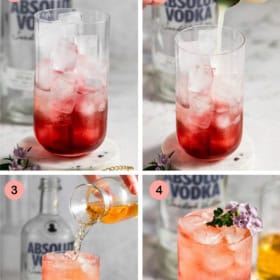 Step-by-step collage showing how to make a Transfusion Vodka Cocktail: ice in a glass, vodka being poured, ginger ale added, and the finished red drink garnished with a flower, with Absolut vodka bottles in the background.