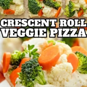 Crescent roll vegetable pizza topped with broccoli, cauliflower, and carrot slices. One slice is shown close-up, displaying the creamy base and fresh vegetables.