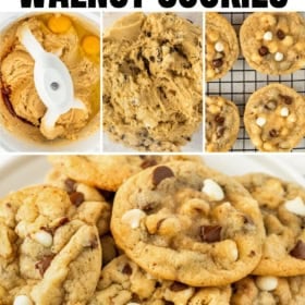A collage showing the process of making chocolate chip walnut cookies: creamed ingredients in a food processor, finished dough, cookies on a baking sheet, cooling on a rack, and a close-up of baked cookies with chocolate chips and walnuts.