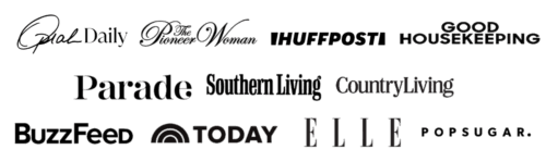 Logos of media outlets: Oprah Daily, The Pioneer Woman, HuffPost, Good Housekeeping, Parade, Southern Living, Country Living, BuzzFeed, Today, ELLE, and PopSugar, displayed in black and white.